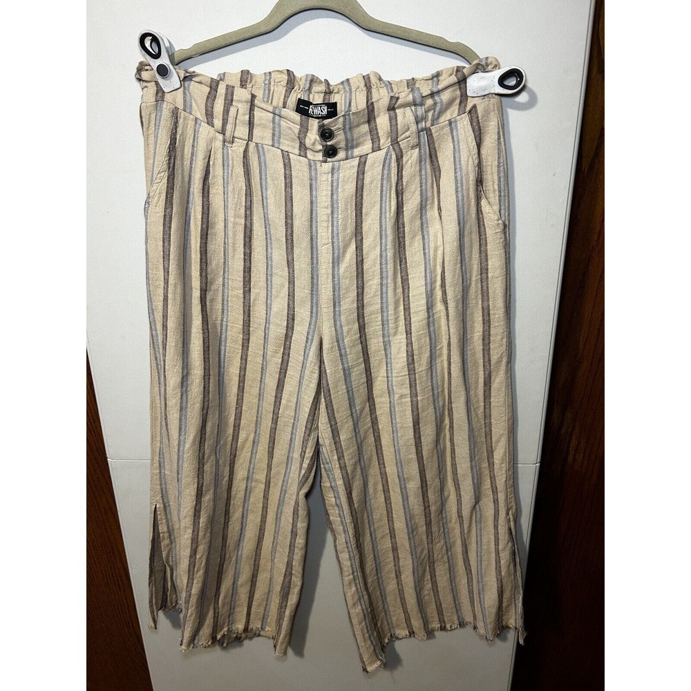 Rewash Pants Womens XL Wide Leg Smocked Striped Cream Blue Tan Linen Blend